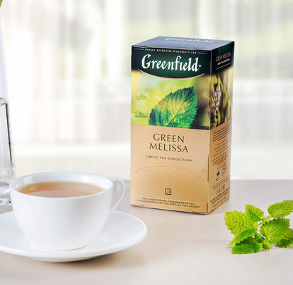 Tea Greenfield green Melissa, contents: 25 tea bags of 1.5g each. (Basic price €6,106/100g)